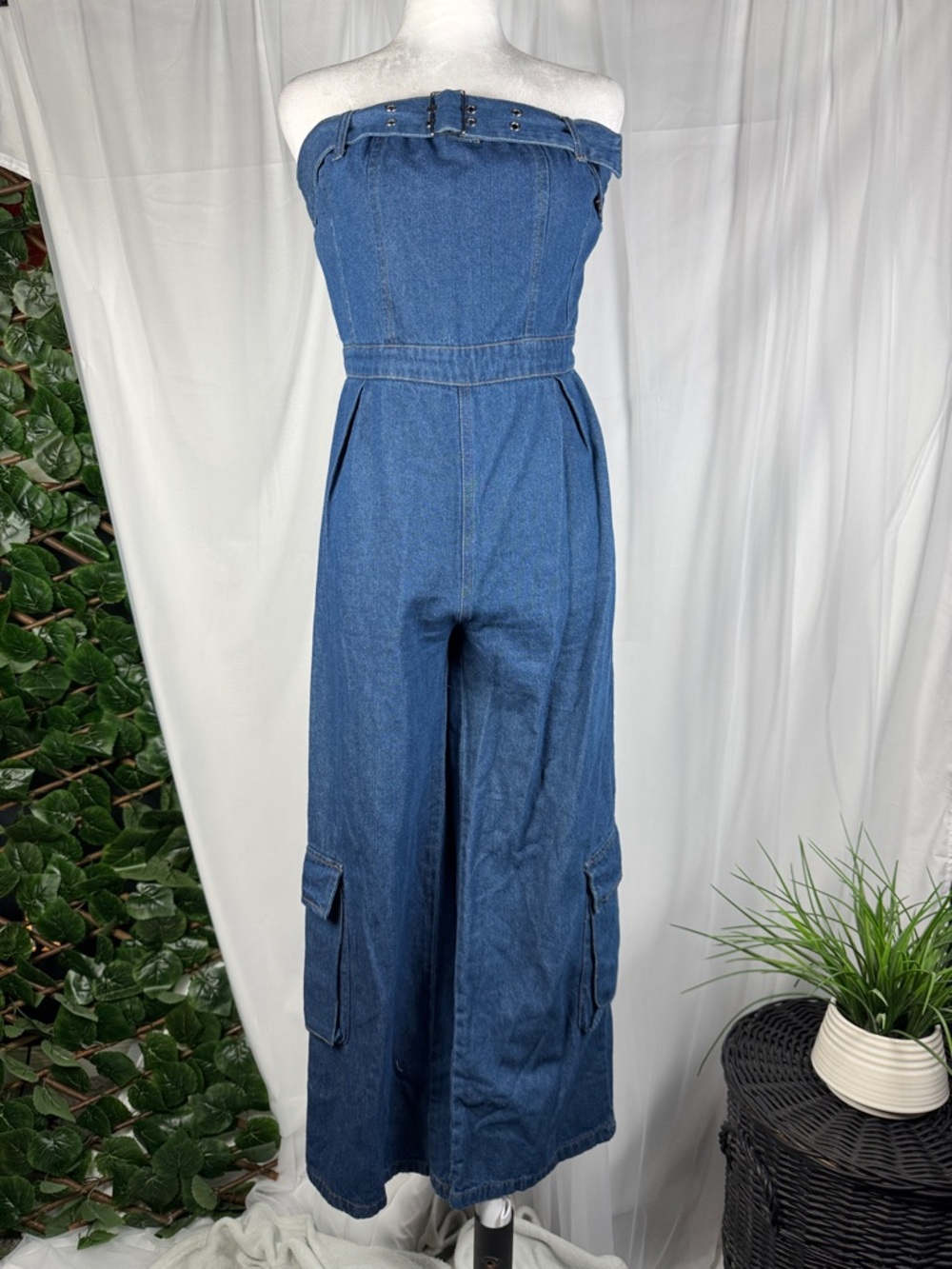 Strapless Wide-Leg Denim Jumpsuit - Blue